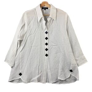 Yushi White Textured Button Up‎ Shirt 3/4 Sleeve Size M Relaxed Fit Lagenlook